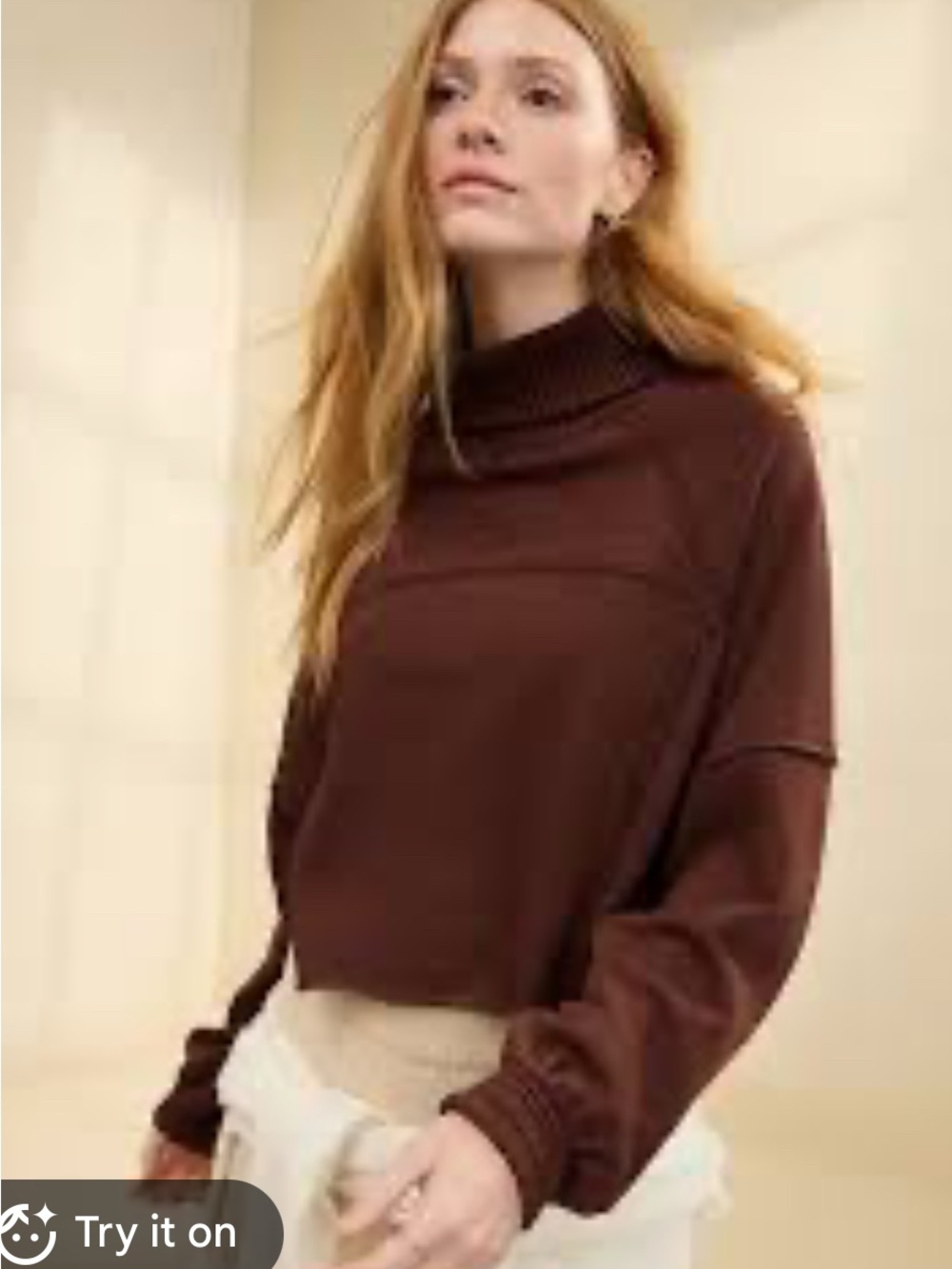 aerie Women’s New Heights Turtleneck Raw Hem Sweatshirt in Brown small oversize